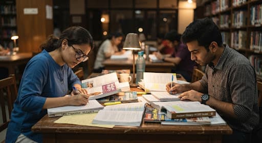 Two students preparing for competitive exams together at a library desk