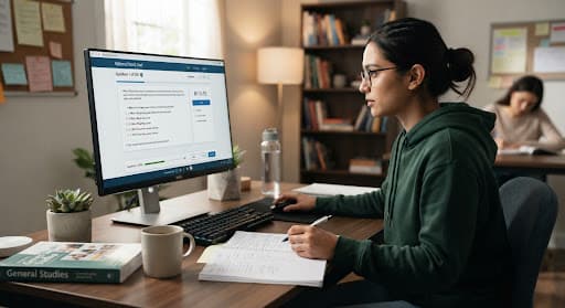 A student reviewing a mock test on Southwide at a home desk