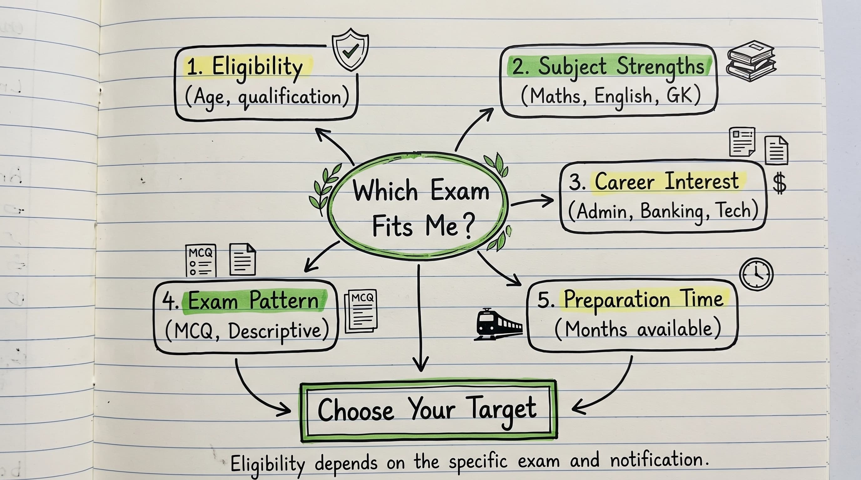 Framework for choosing a competitive exam based on eligibility, exam pattern, preparation time and career goals